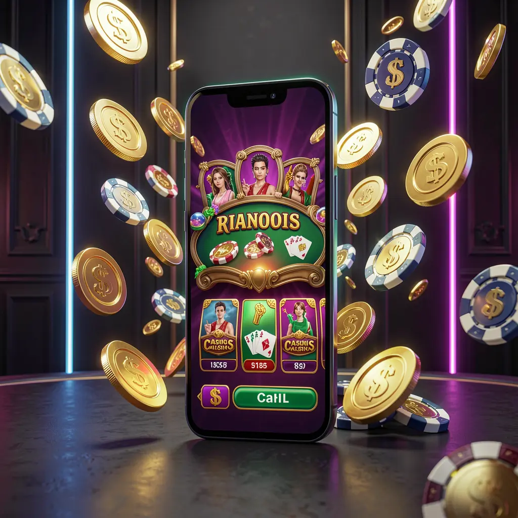 KTQQ online casino mobile app hero banner featuring a modern smartphone with a glowing casino interface, golden coins and poker chips flying around against a dark luxury background with neon accents