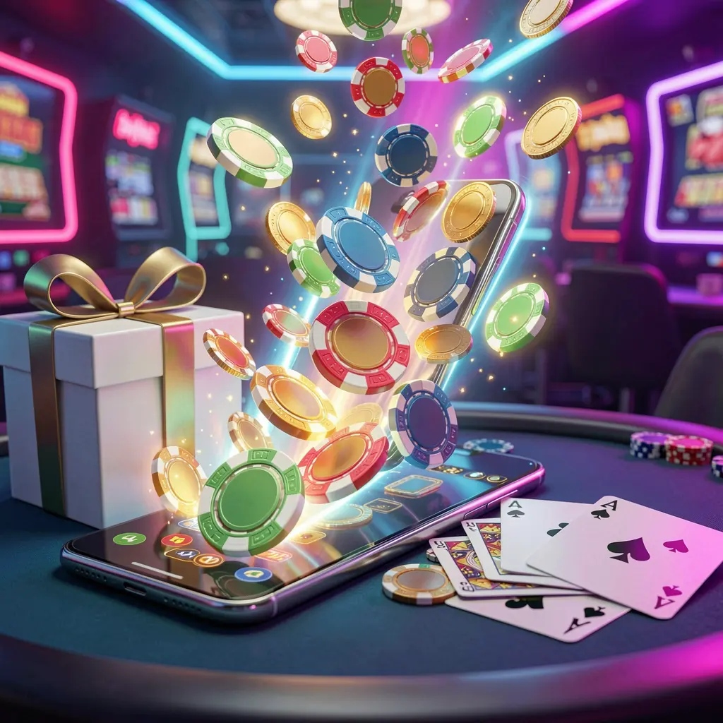 KTQQ mobile casino bonus scene with a modern smartphone displaying glowing casino chips and coins emerging from the screen, surrounded by a gift box and playing cards in a bright neon casino atmosphere