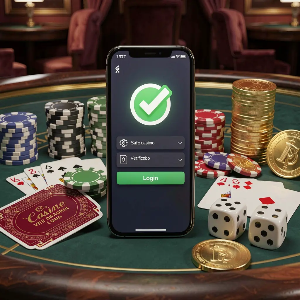 KTQQ safe casino login concept showing a smartphone with a verification checkmark icon surrounded by chips, cards, dice, and golden coins on an elegant luxury casino table in a 3D realistic render