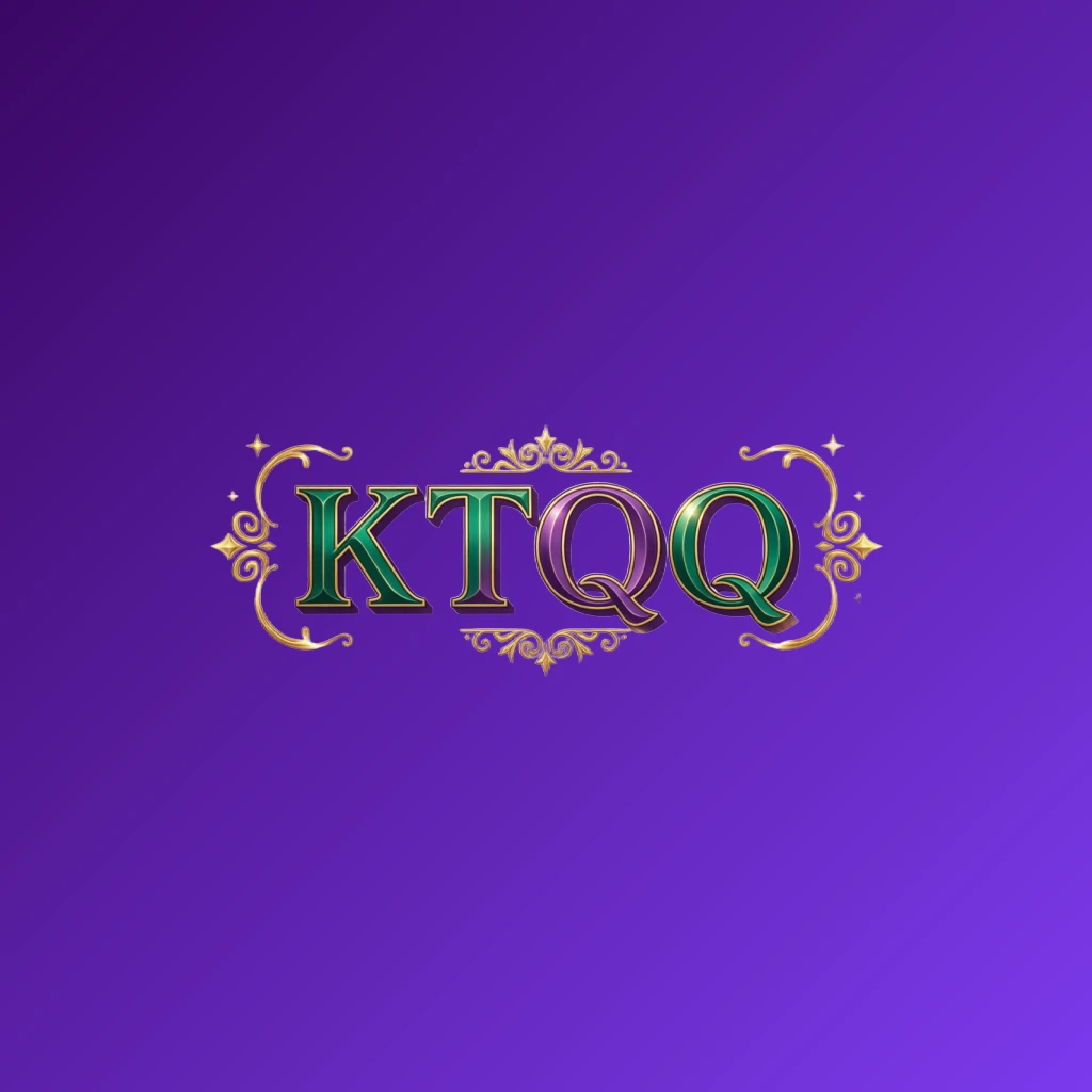 Luxury colorful logo featuring the brand name KTQQ in bold serif typography with a rich emerald, violet, and gold palette, elegant glowing ornaments, and a premium horizontal rectangular wordmark design on a transparent background