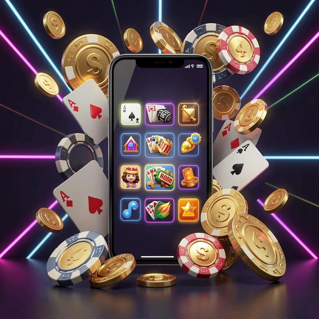 KTQQ mobile casino homepage concept showing a smartphone surrounded by golden coins, chips, cards, and glowing icons on a modern dark background with neon accents